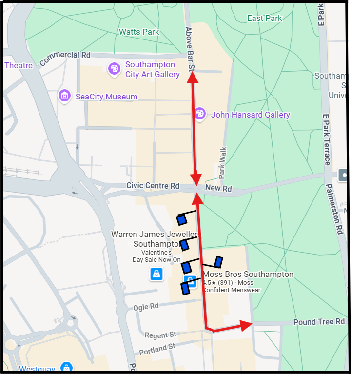 Map showing Above Bar Street closure with red arrows