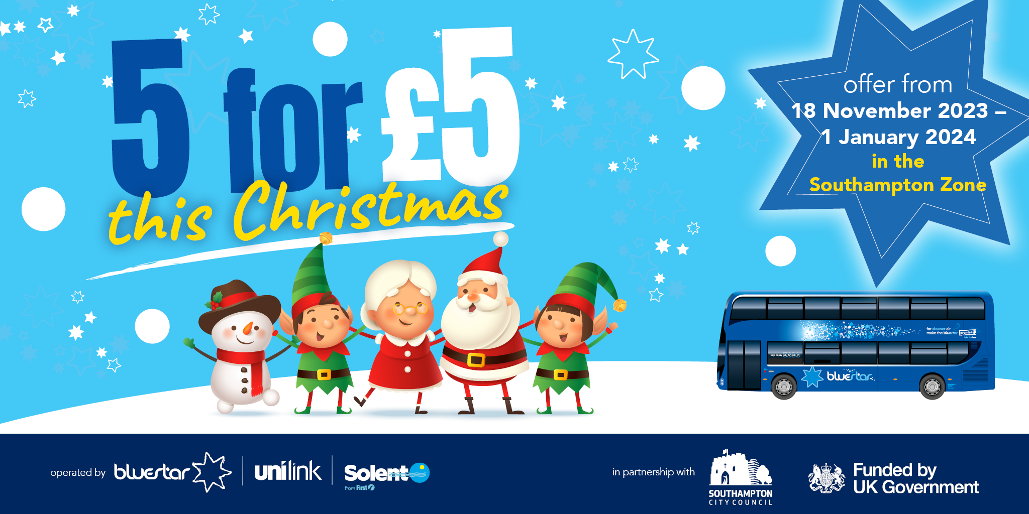 5 for £5 this Christmas, image with festive characters and a Bluestar bus