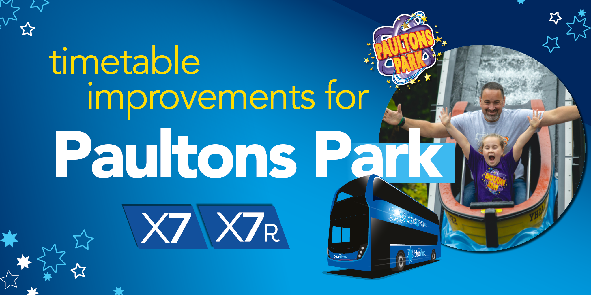 Timetable improvements for Paultons Park text with Paultons Park logo and log flume ride