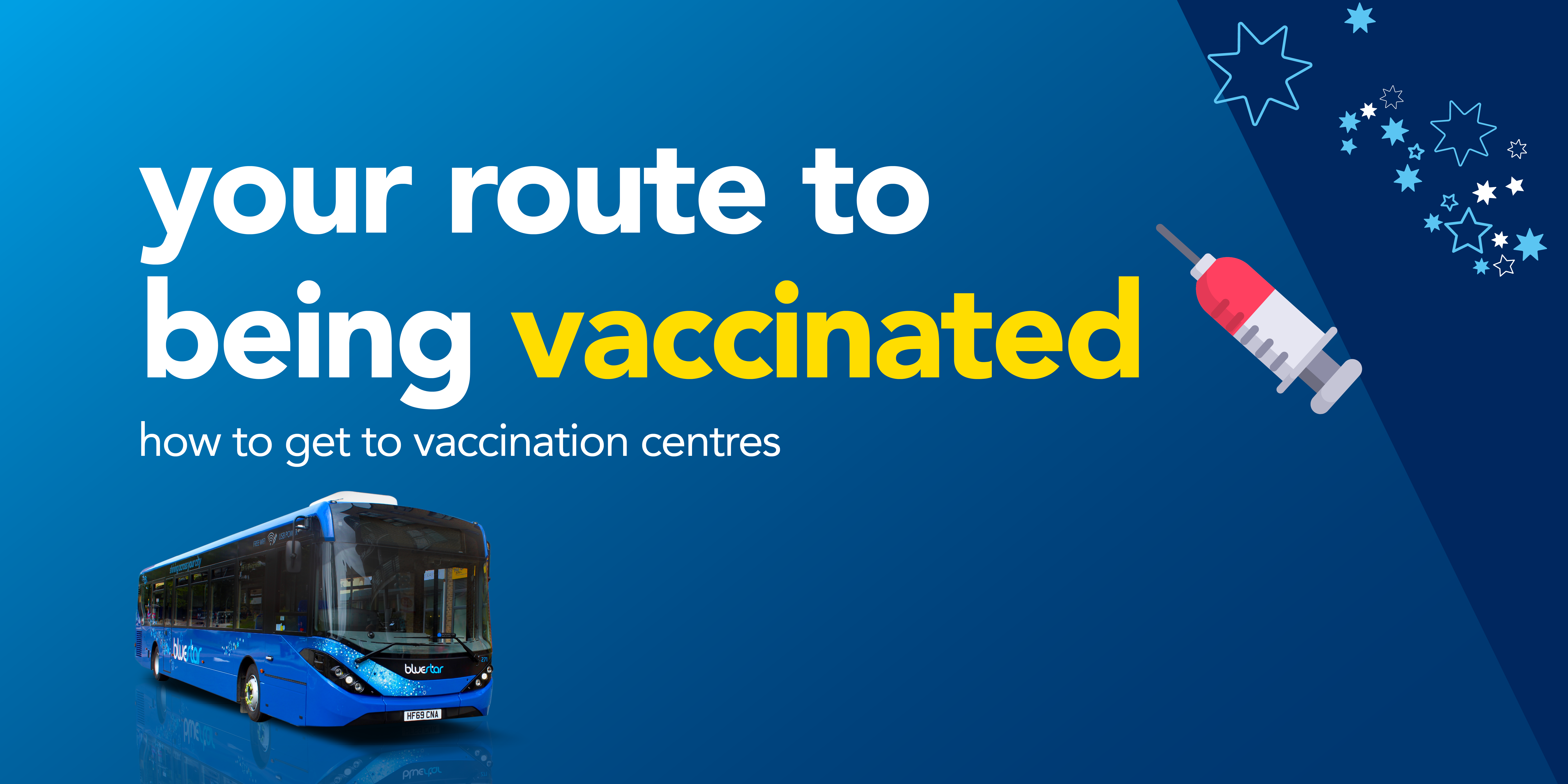 Image of a bluestar bus with text reading 'your route to being vaccinated. How to get to vaccination centres'