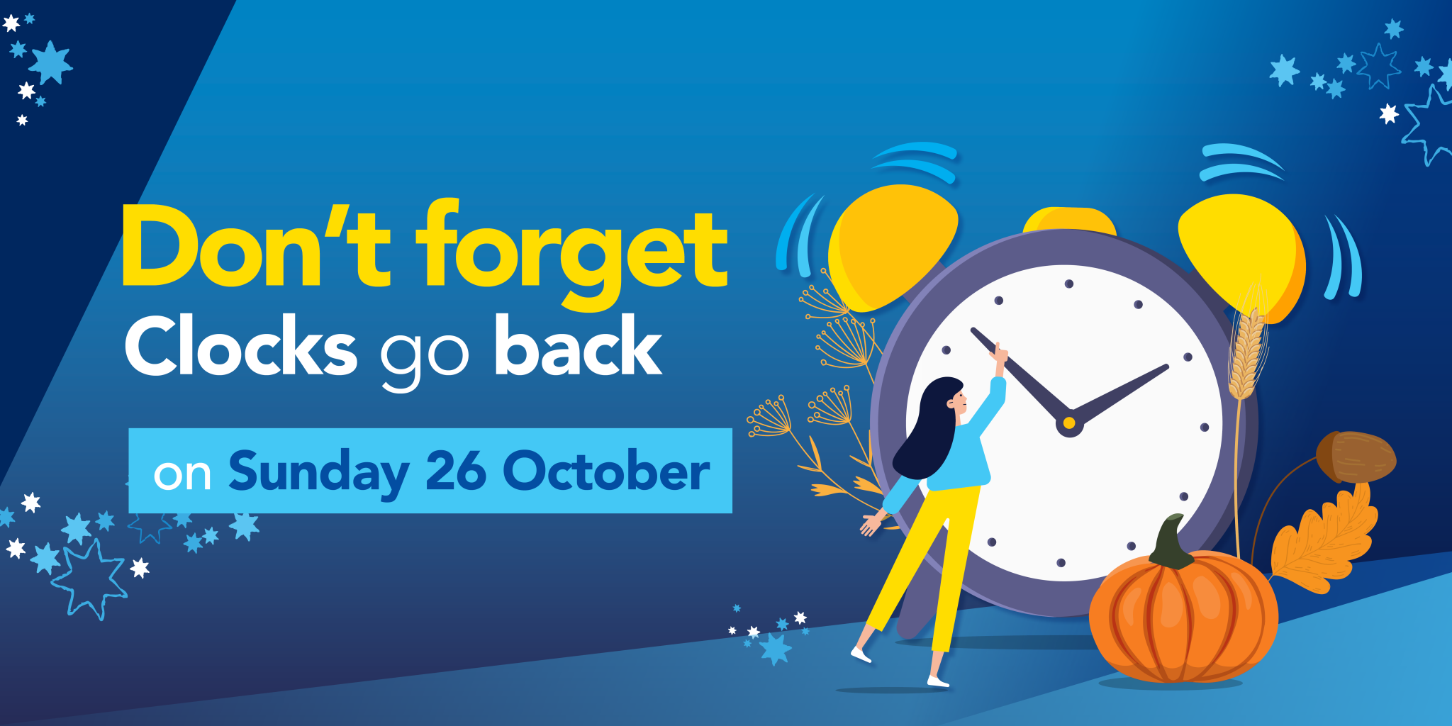 Clocks go back image with lady pushing clock back