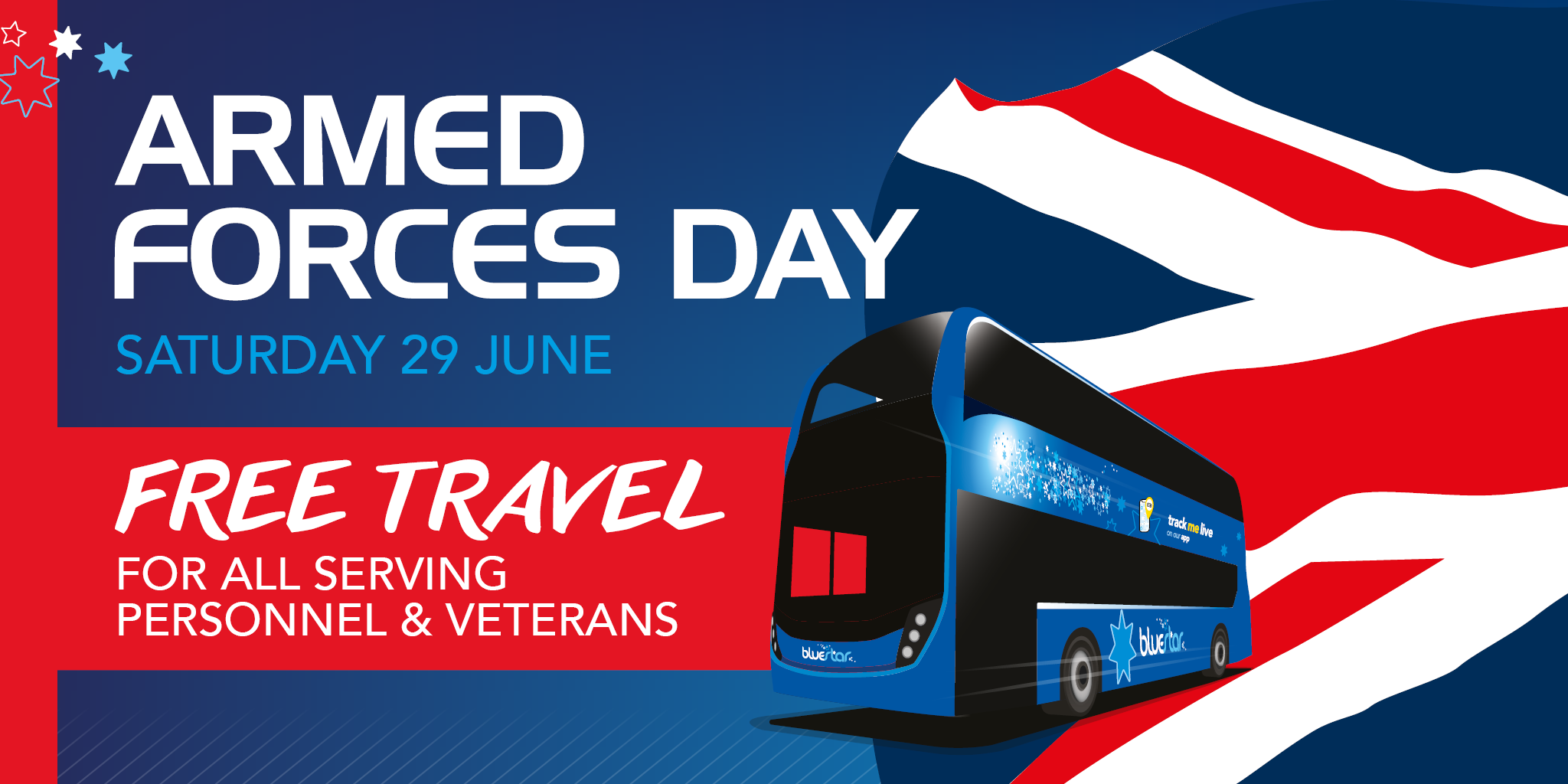 Armed forces day image with a Union Jack and Bluestar bus