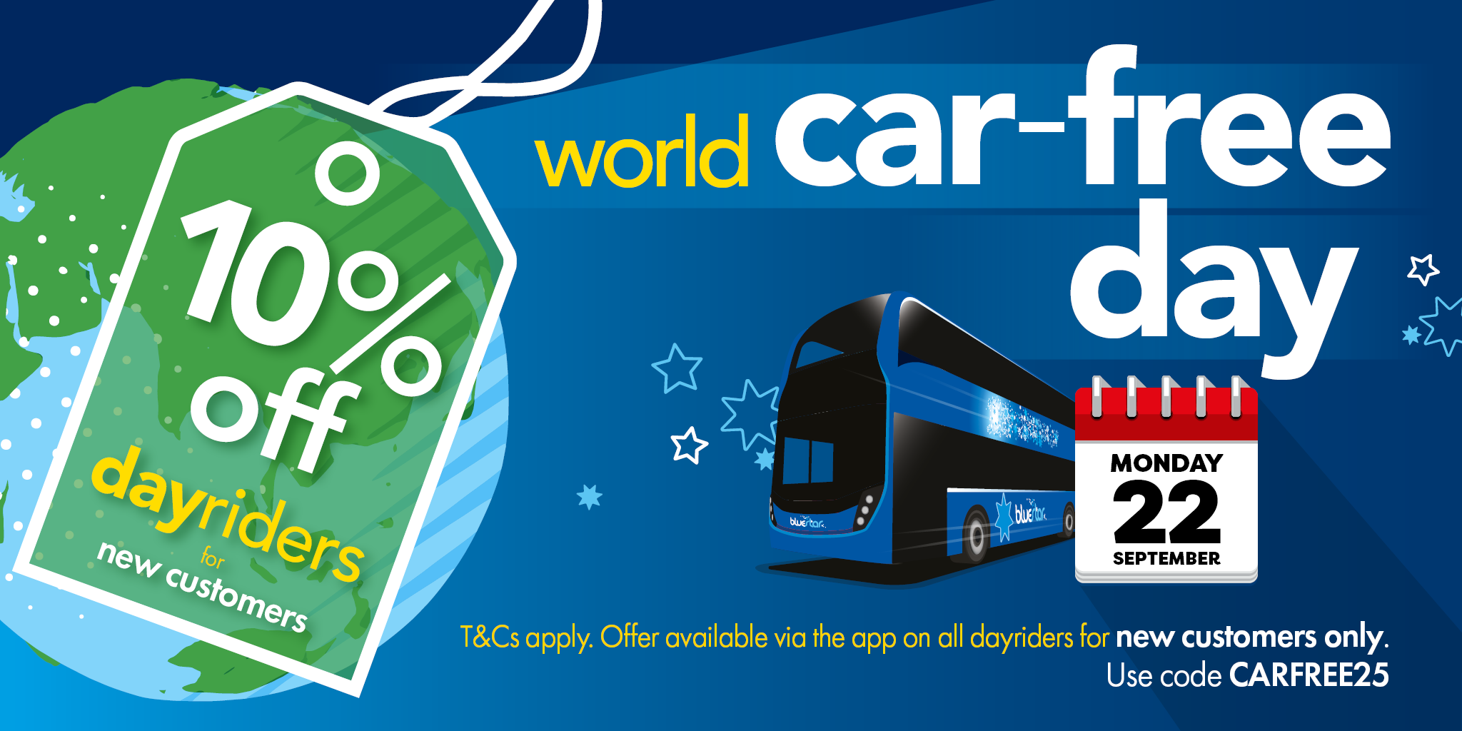 world car-free day Monday 22 September - image with a globe and a single decker Bluestar bus