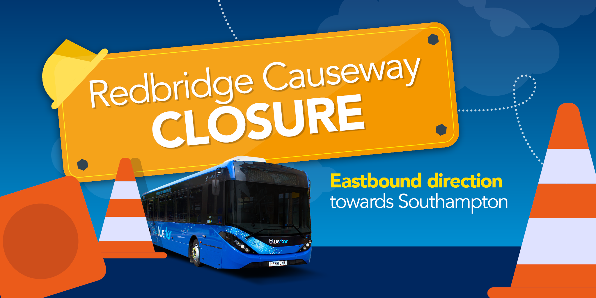Redbridge Causeway closure image with bus and traffic cones