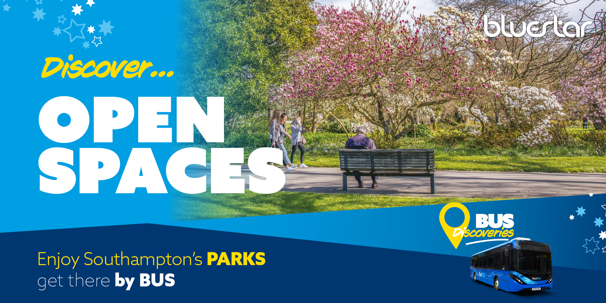 Discover open spaces image of people walking in a park with blossom trees