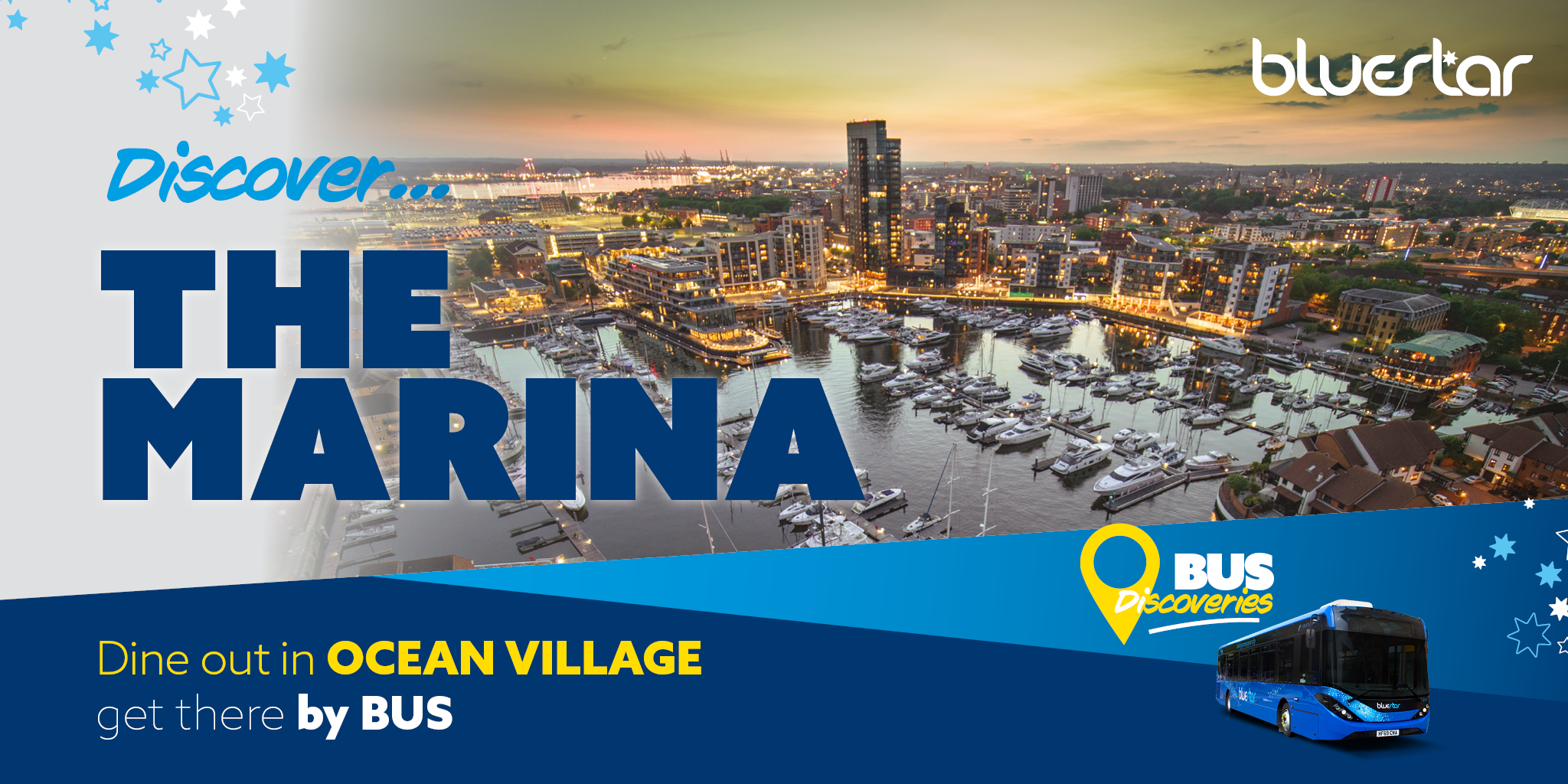 Discover the marina ariel image of Ocean Village at dusk