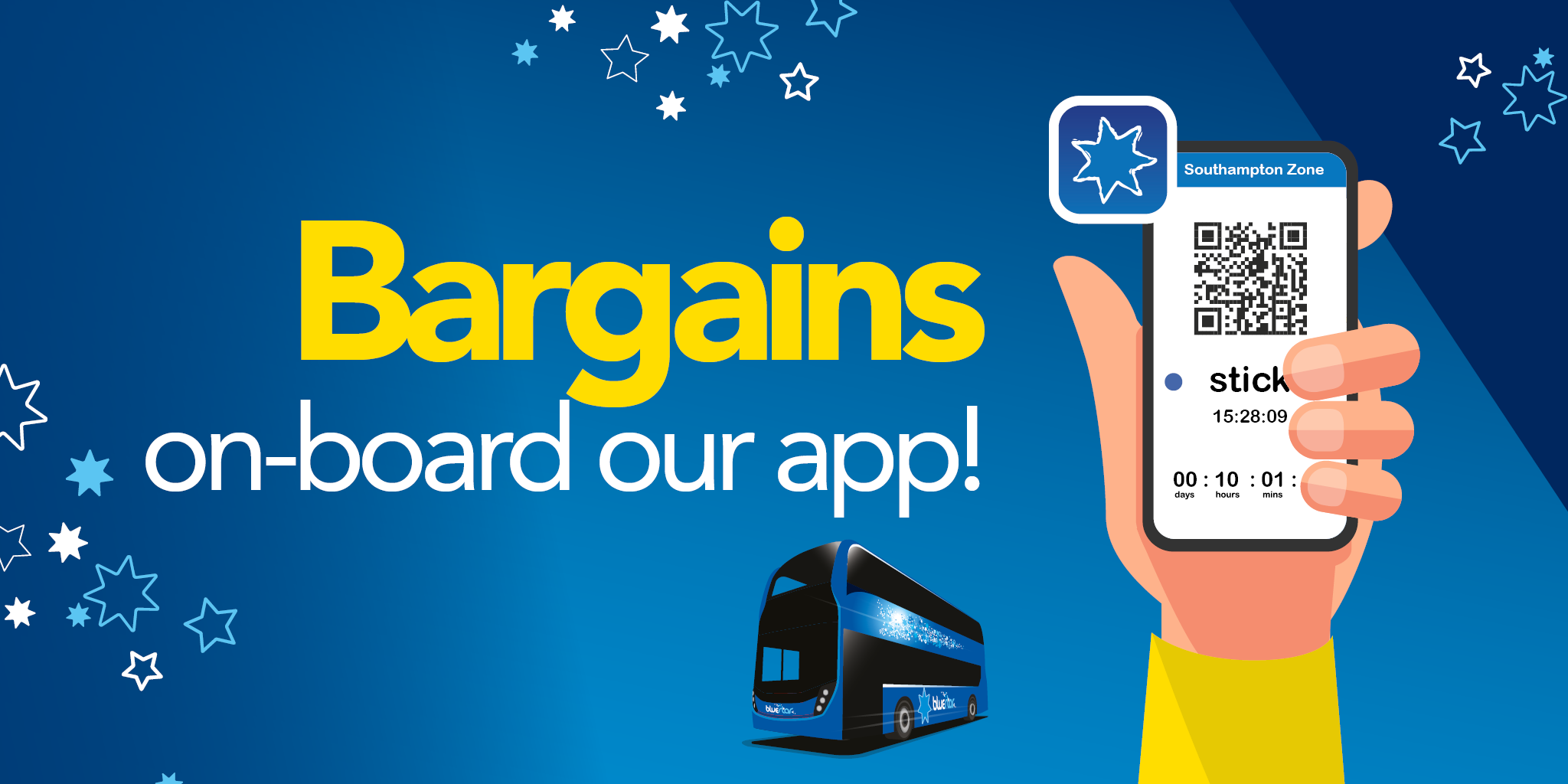 Bargains on-board our app! Image of a hand holding up a phone showing an app ticket