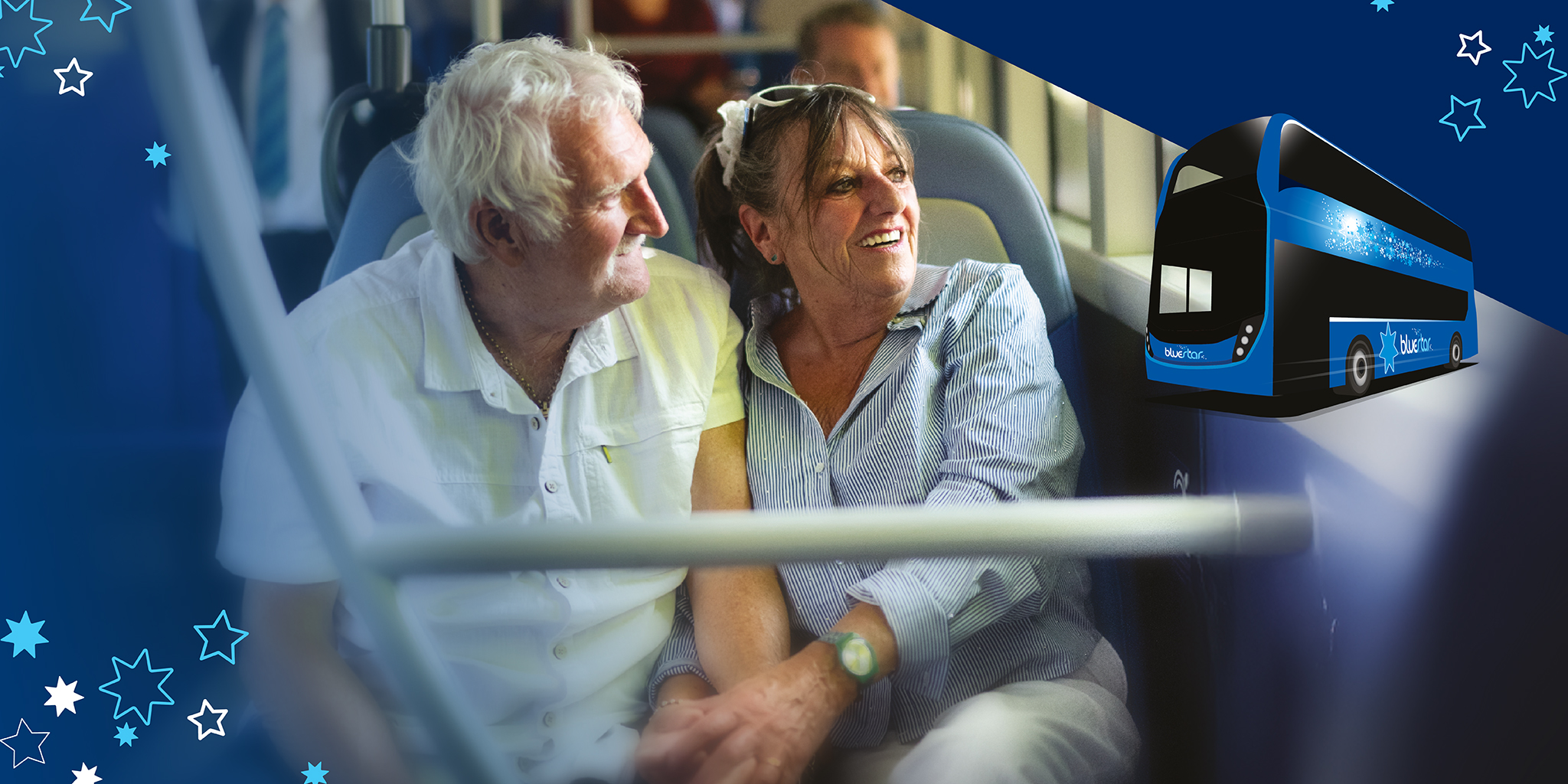 older couple on a bus looking out the window