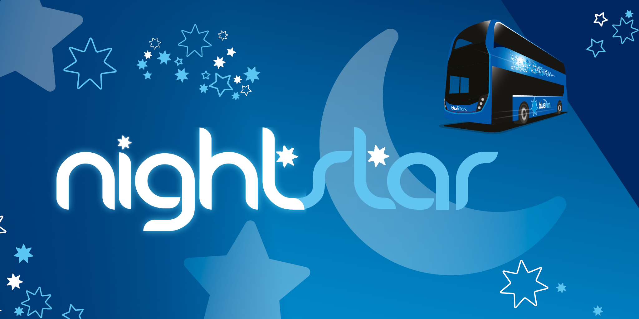 nightstar image with moon, stars and a Bluestar double decker bus