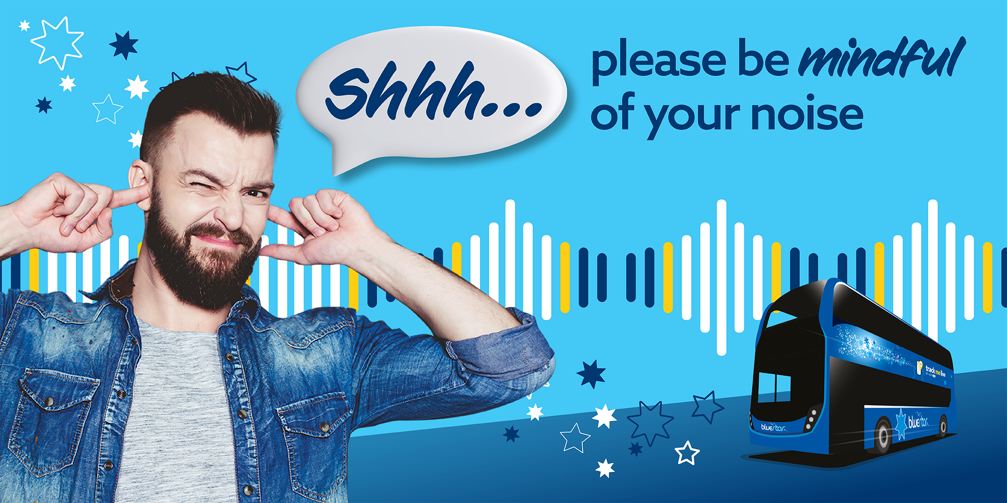 Image of man with fingers in his ears with text please be mindful of your noise 