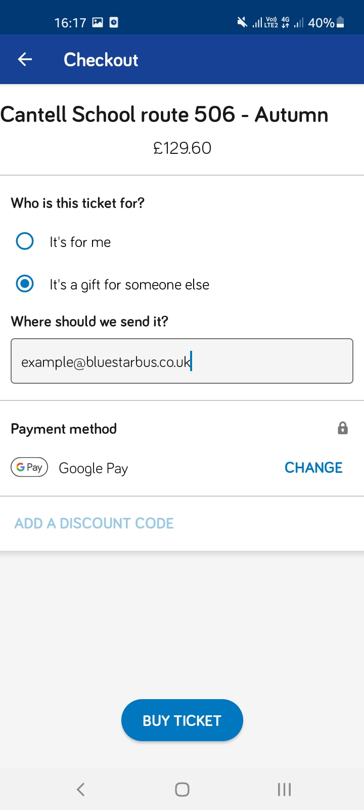 gifting page on the Bluestar bus app