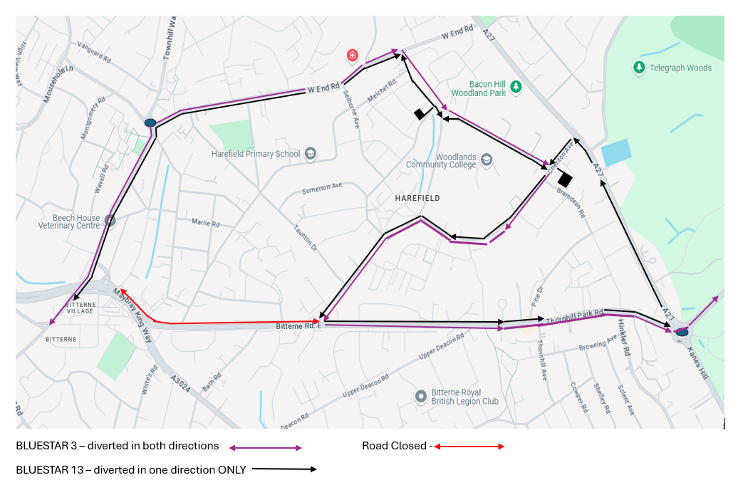 Bluestar 3 and 13 diversion route map