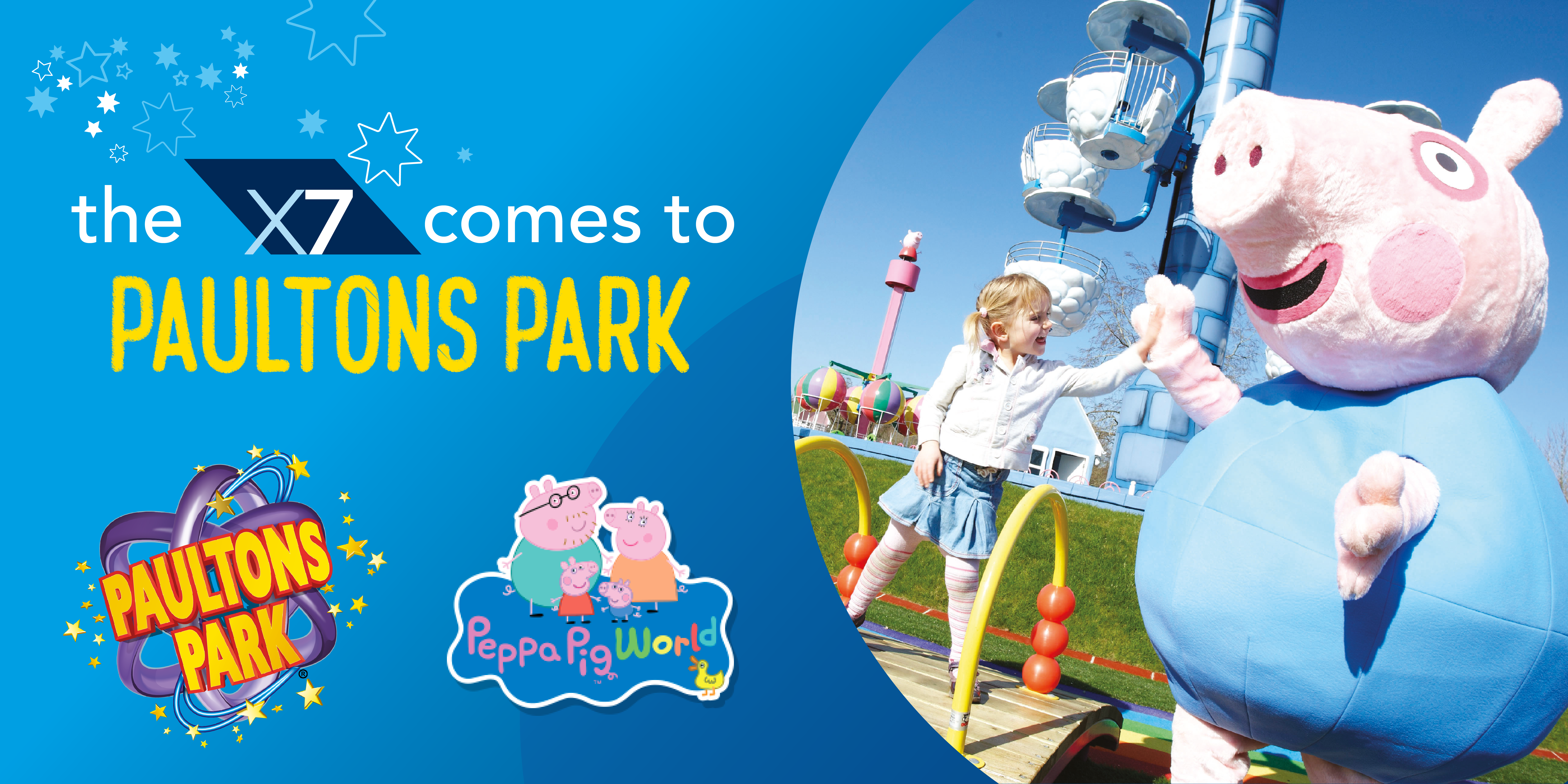 the x7 comes to paultons park with logos and image of george the pig