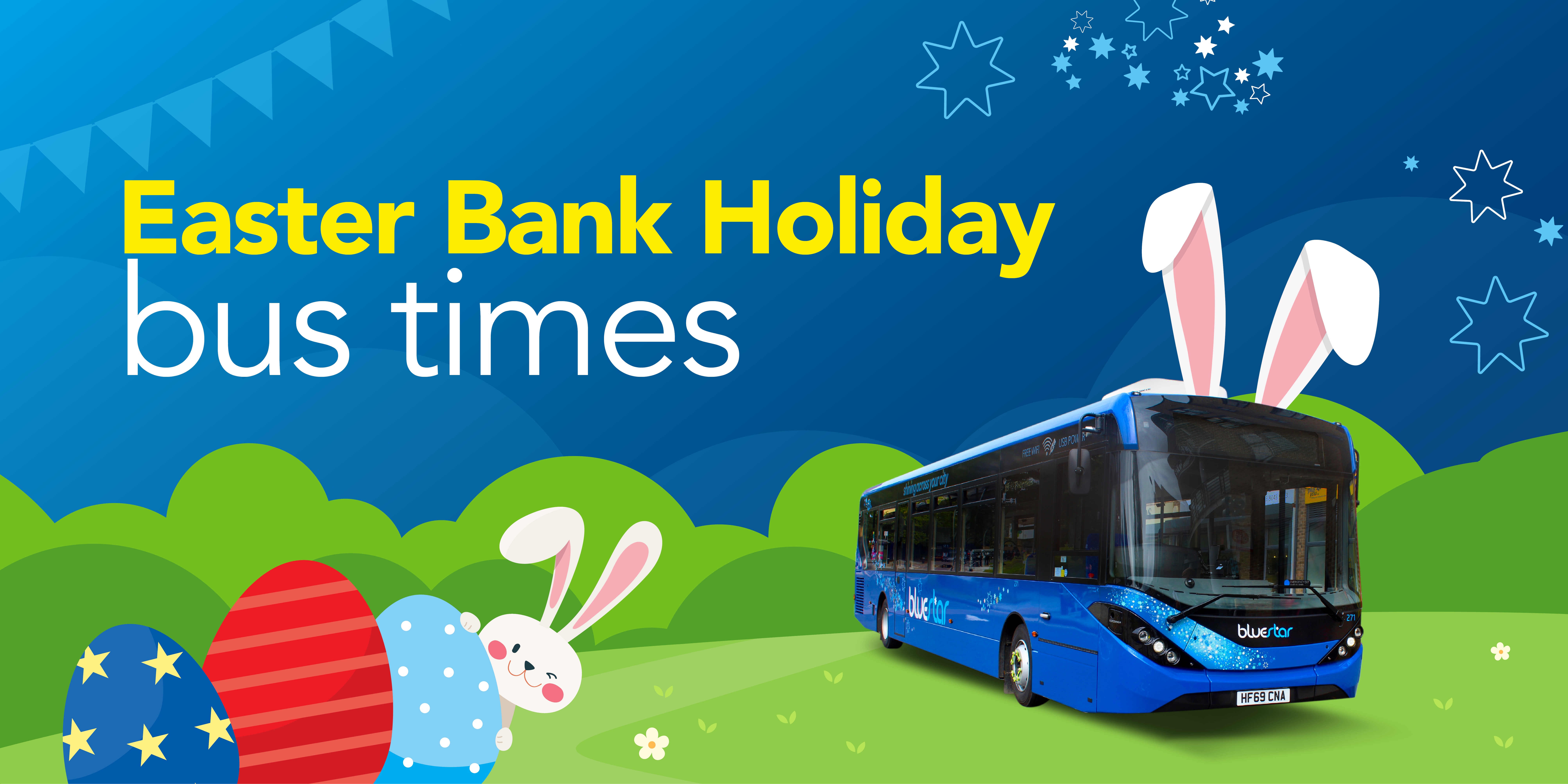 Easter bank holiday bus times image with a bus with ears