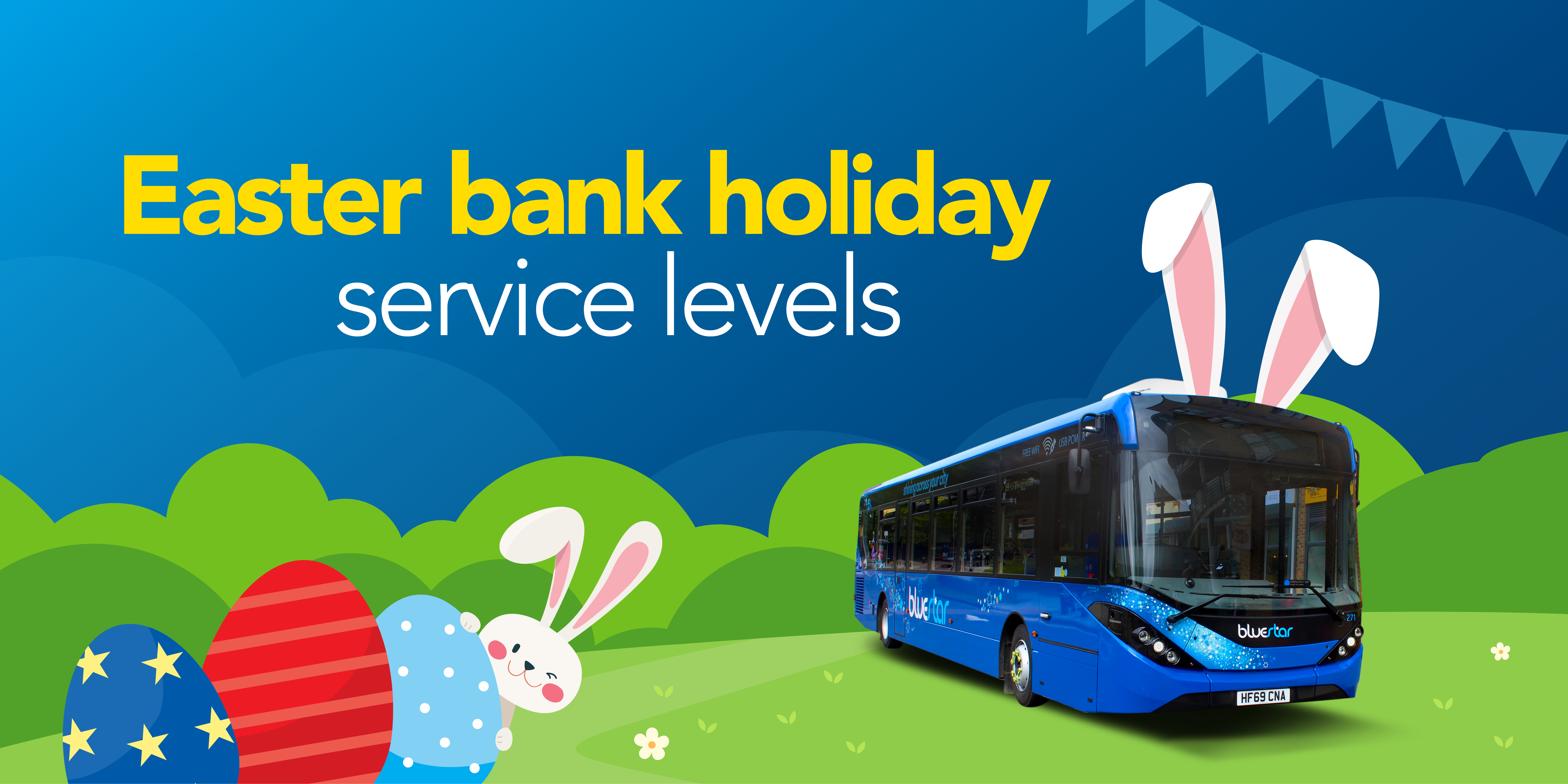 Image of a bluestar bus with text reading 'Easter bank holiday service levels'