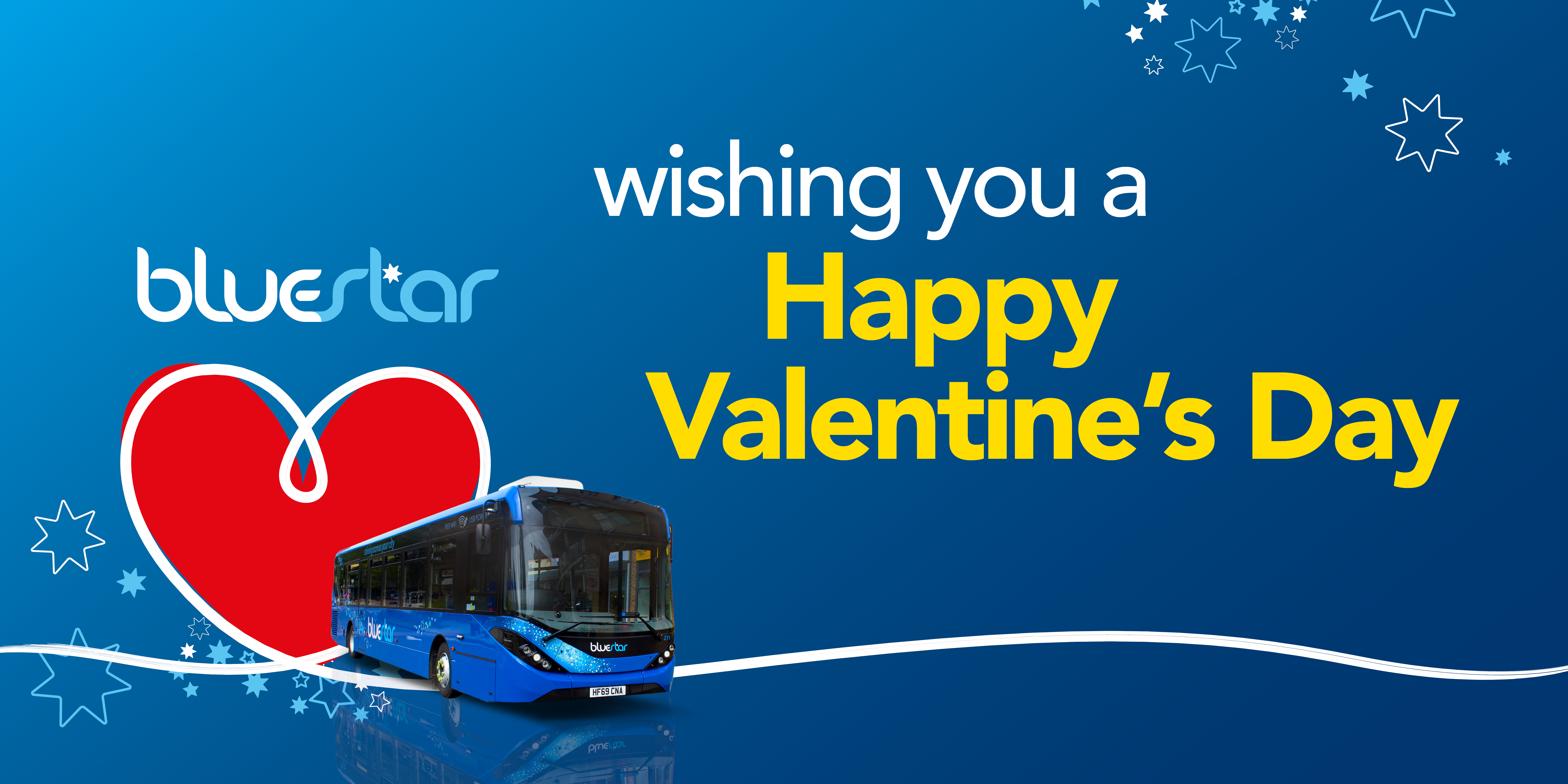 Image of a bluestar bus with text reading 'wishing you a happy valentine's day'