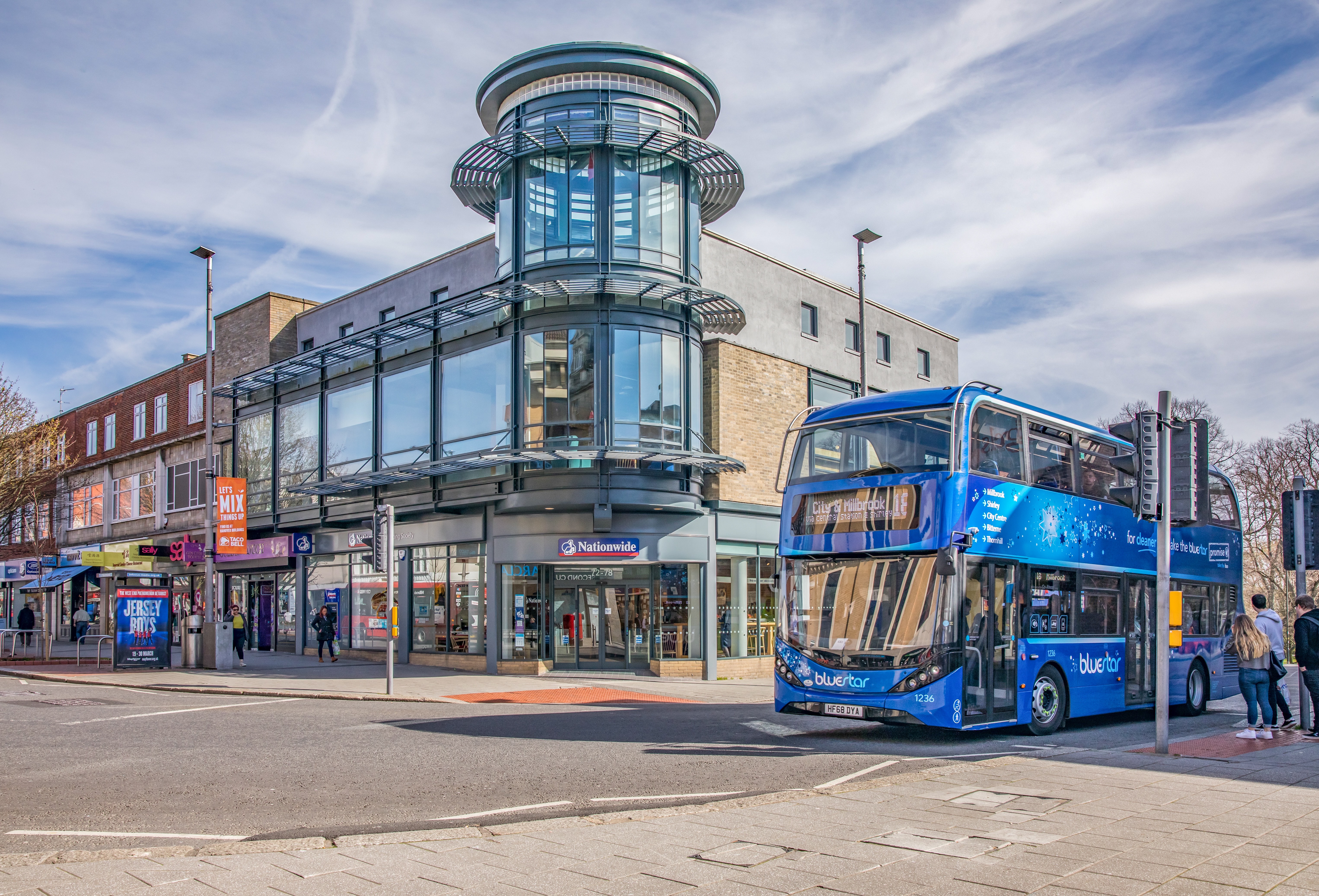 Bluestar branded bus in the heart of the city of Southampton