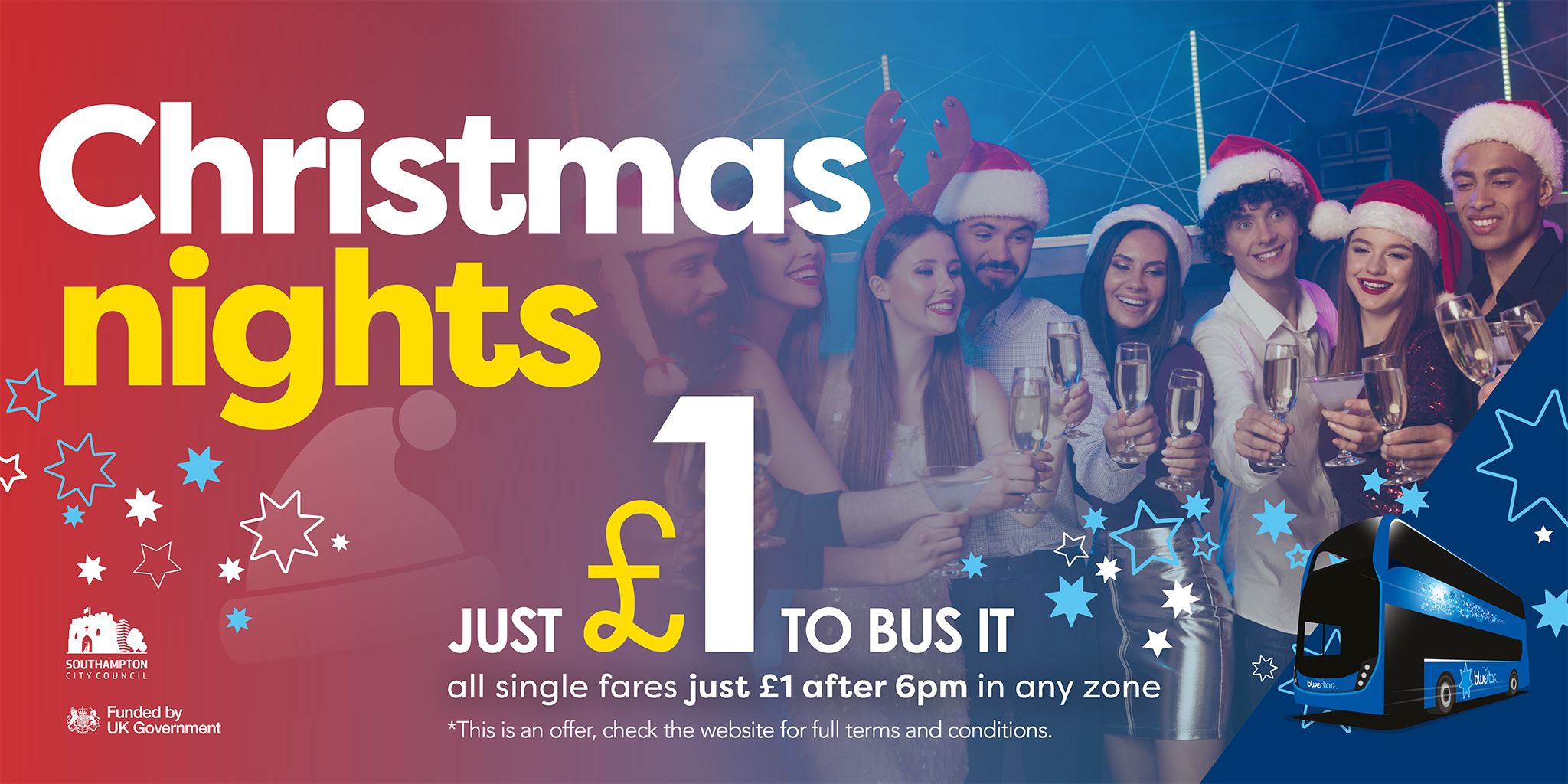 Christmas nights just £1 to bus it - group of people with prosecco glasses wearing Christmas hats