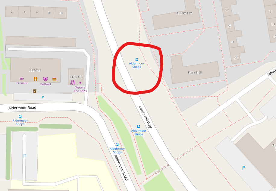 red circle on a map circling where the temporary stop at Aldermoor shops is